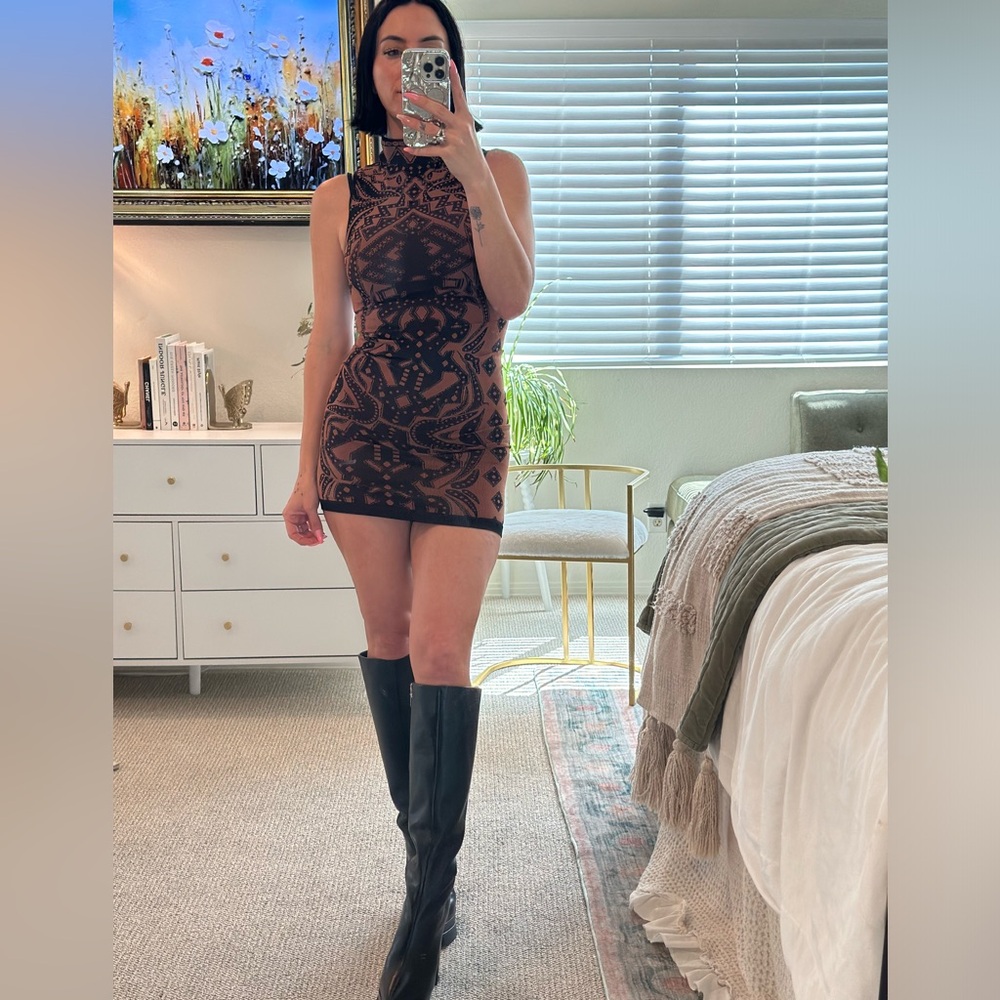 Free People Black and Brown Embroidered Mini body con dress large